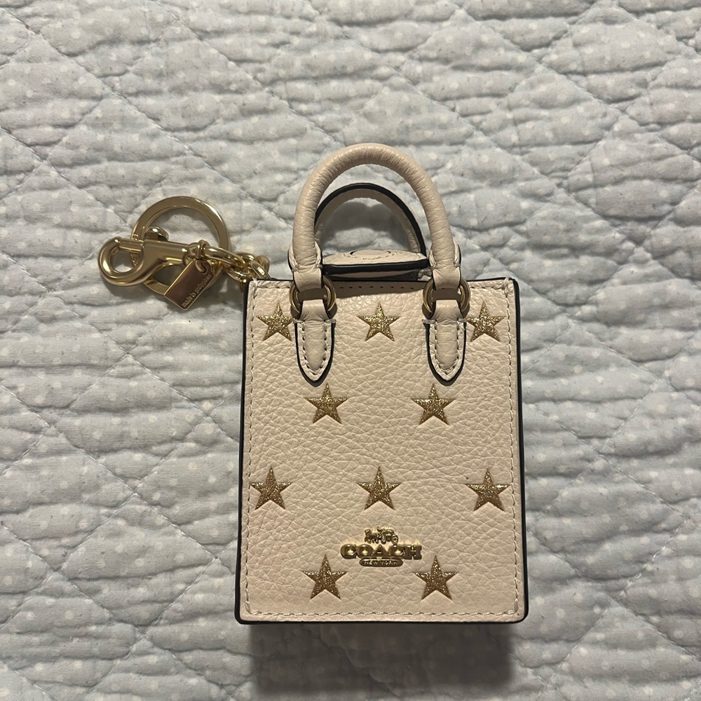 Coach White Mini Tote Keychain with Gold Stars
